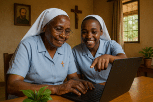 Religiosas mayores y jóvenes colaborando en comunicación vocacional, unión intergeneracional en la Vida Consagrada.